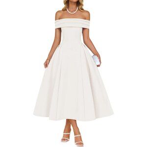 Women's White Elegant Off Shoulder Short Sleeve Swing A Line Party Midi Dress